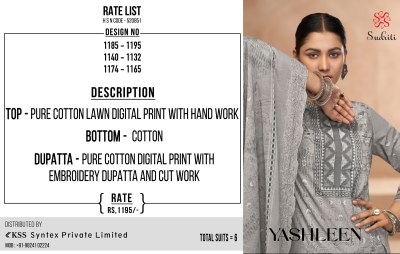 Yashleen by sudriti Pure Cotton Lawn digital Printed Handwork Dress material catalogue at affordable rate salwar kameez catalogs