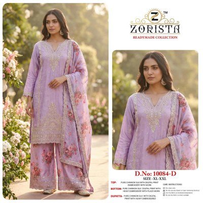 ZORISTA Readymade Collection DNO-10084 A-B-C-D Chinnon Silk Embroidery 3-Piece Set Fancy Palazzo suit catalogue