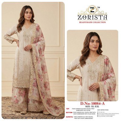 ZORISTA Readymade Collection DNO-10084 A-B-C-D Chinnon Silk Embroidery 3-Piece Set Fancy Palazzo suit catalogue