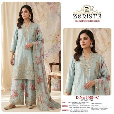 ZORISTA Readymade Collection DNO-10084 A-B-C-D Chinnon Silk Embroidery 3-Piece Set Fancy Palazzo suit catalogue