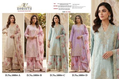 ZORISTA Readymade Collection DNO-10084 A-B-C-D Chinnon Silk Embroidery 3-Piece Set Fancy Palazzo suit catalogue