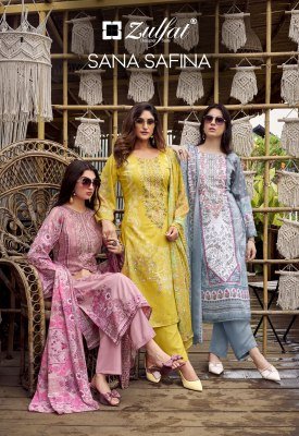 Zulfat Designer Suits Sana Safina Unstitched Collection Pure Cotton Top with Exclusive Embroidery, Mal Mal Cotton Printed Dupatta Cotton Bottomth Embr Zulfat 