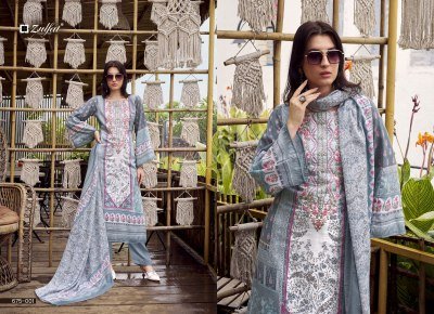 Zulfat Designer Suits Sana Safina Unstitched Collection Pure Cotton Top with Exclusive Embroidery, Mal Mal Cotton Printed Dupatta Cotton Bottomth Embr dress material catalogs