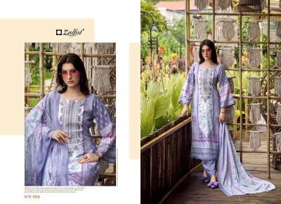 Zulfat Designer Suits Sana Safina Unstitched Collection Pure Cotton Top with Exclusive Embroidery, Mal Mal Cotton Printed Dupatta Cotton Bottomth Embr dress material catalogs