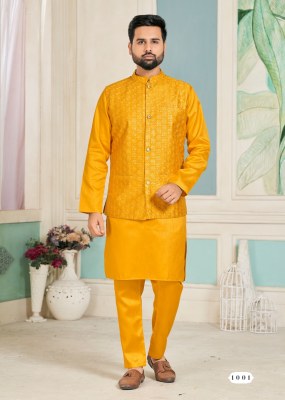 amavi by swayamvar heavy banglori silk kurta polo pant and koti with heavy embroidery sequence work both side at wholesale rate mens kurta