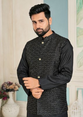 amavi by swayamvar heavy banglori silk kurta polo pant and koti with heavy embroidery sequence work both side at wholesale rate mens kurta