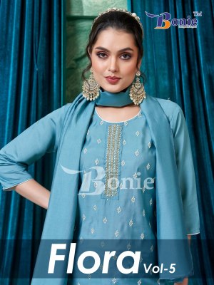 bonie by flora 5 heavy silk hand work embroidery kurti pant and dupatta at wholesale rate  kurtis catalogs