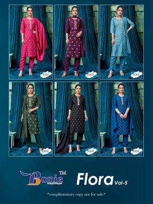 bonie by flora 5 heavy silk hand work embroidery kurti pant and dupatta at wholesale rate  kurtis catalogs