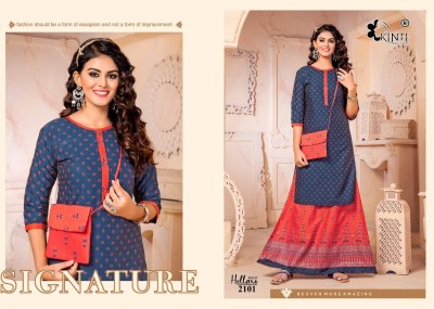 hellaro 21 by kinti  foil printed reyon skirt top and purse catalogue at wholesale rate  kurtis catalogs