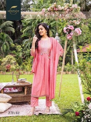heritage collection by zoya premium chanderi silk flared kurti pant with dupatta at wholesale rate kurtis catalogs