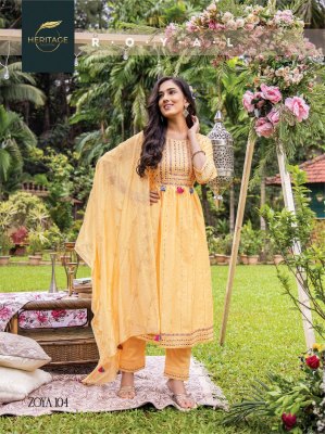 heritage collection by zoya premium chanderi silk flared kurti pant with dupatta at wholesale rate kurtis catalogs