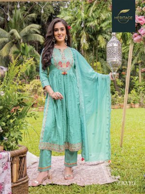 heritage collection by zoya premium chanderi silk flared kurti pant with dupatta at wholesale rate kurtis catalogs