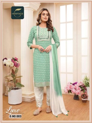 heritage collection presents luxe premium rayon designer printed Kurti pant with dupatta set catalogue  kurtis catalogs