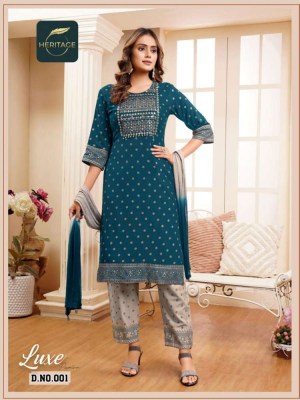 heritage collection presents luxe premium rayon designer printed Kurti pant with dupatta set catalogue  kurtis catalogs