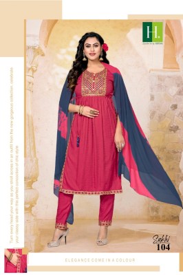 hirwa by h dot present sakhi heavy bombay reyon linen with embroidered flaired kurti pant and dupatta catalog at wholesale price readymade suit catalogs