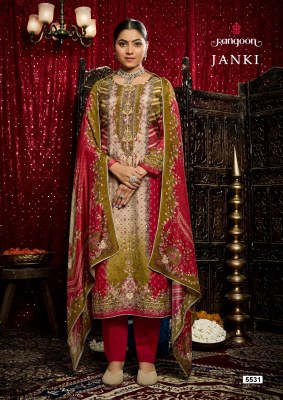 janki by Rangoon Pure Muslin Pure Digital Aari Work top bottom and dupatta collection with low rate readymade suit catalogs