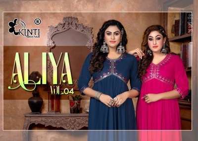 kinti by aaliya 4 heavy reyon sequence embroidery nyra  cut kurti catalog at wholesale price  kurtis catalogs