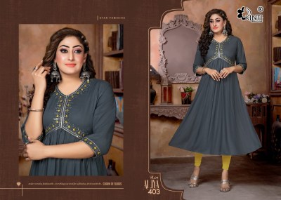 kinti by aaliya 4 heavy reyon sequence embroidery nyra  cut kurti catalog at wholesale price  kurtis catalogs