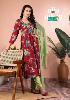 kushals by alia again new exclusive reyon foil print alia cut readymade suit catalog at wholesale rate readymade suit catalogs
