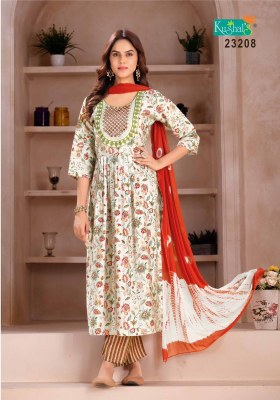 kushals by vaani muslin printed top with naira cut pattern kurti pant and dupatta set catalog at wholesale price kurtis catalogs