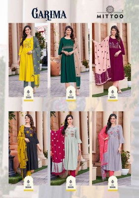 mittoo presents garima rayon wrinkle Kurti pants and dupatta set catalogue wholesale rate  kurtis catalogs