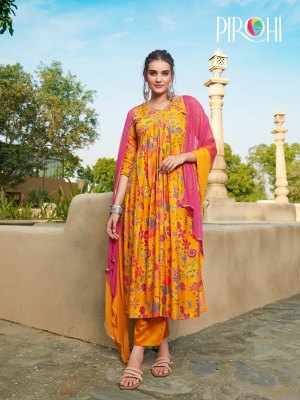 pirohi by rajavir by heeriye vol 2 muslin print pure handwork neck design kurti pant and dupatta catalog at wholesale price kurtis catalogs