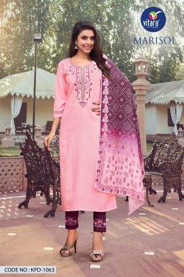 vitara fashion launch marisol reyon embroidered kurti with pant and printed dupatta catalogue readymade suit catalogs